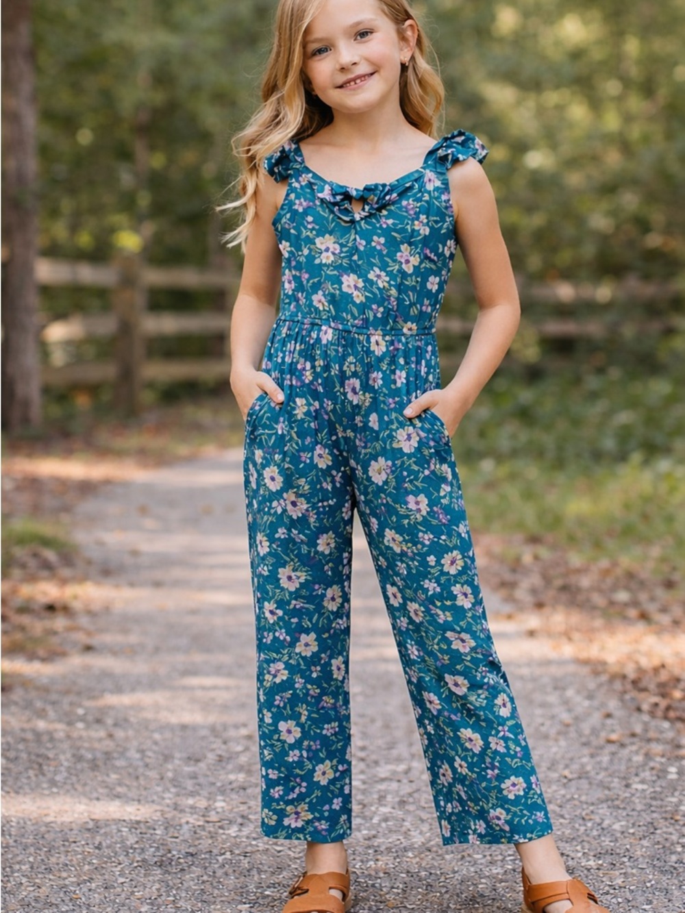 Justice Floral Romper Girls Teal Wide Leg Jumpsuit Cottagecore Boho velvet feel